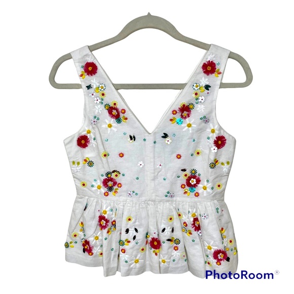 J. Crew White Linen Cotton Hand-Embellished Sleeveless Sequin Peplum Top 0P - Picture 2 of 5